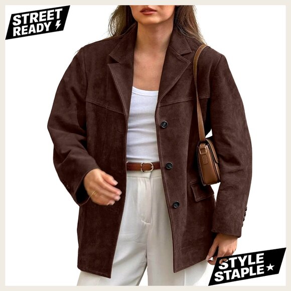 Faux Suede Blazer Jacket Notched Lapel Single Breasted Leather Style